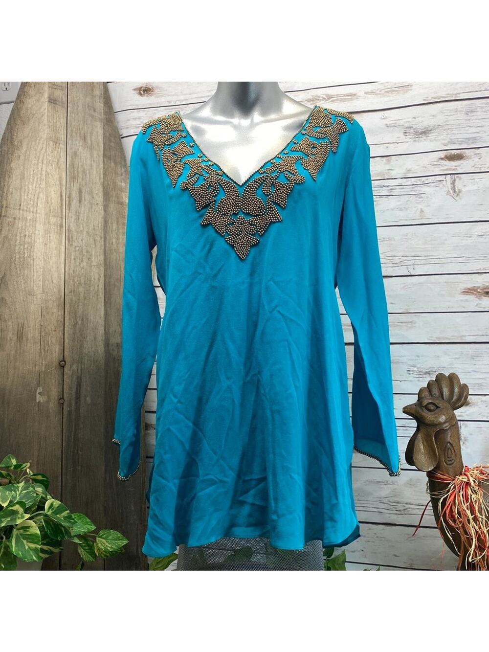 Lotus London Silk Beach Coverup Tunic Top Beaded L Lightweight Detailed $370